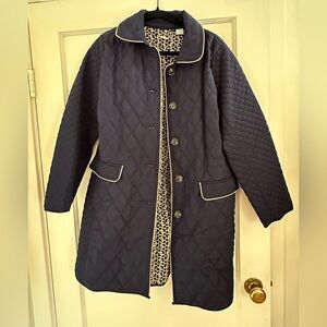 Chico's Navy Quilted Puffer Coat with White Trim